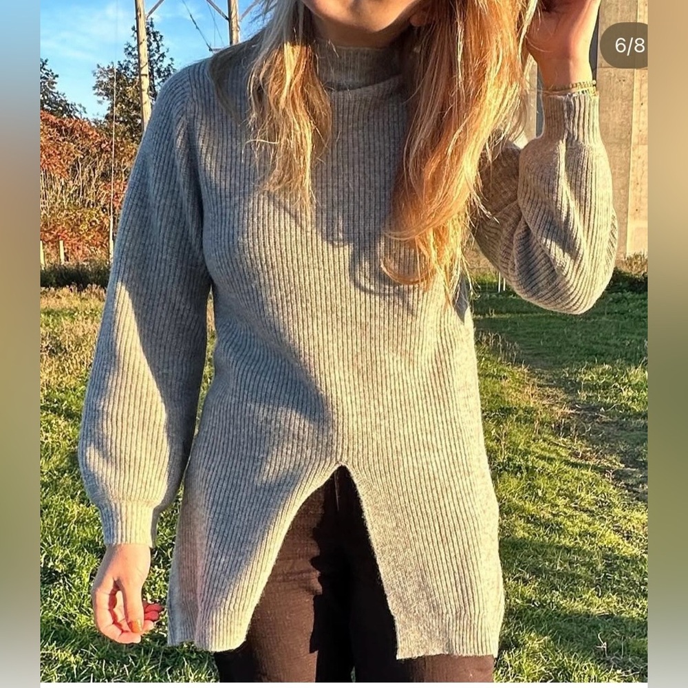 Gudrun Sjoden Mock Neck Knit Sweater Long Line Split Slit Hem Gray Wool Yak Sz S